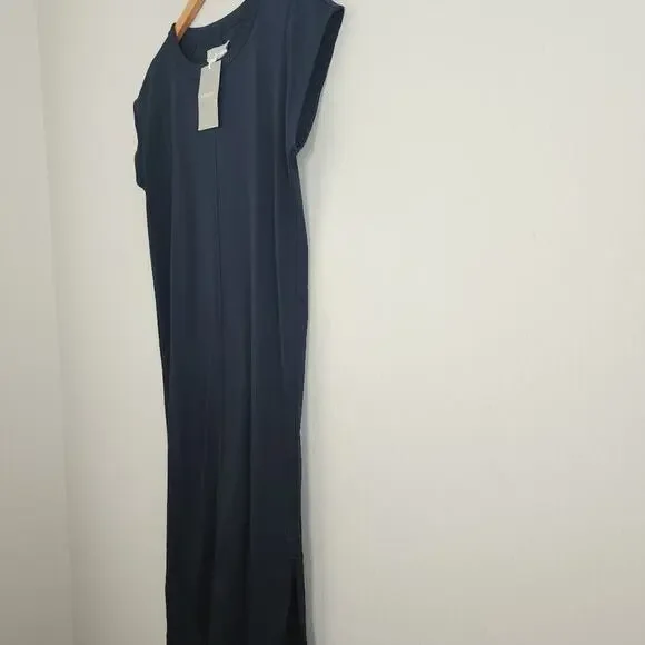 Everlane The Luxe Cotton Side Slit Tee Dress XS Black NWT Midi Short Sleeve New - Picture 4 of 12